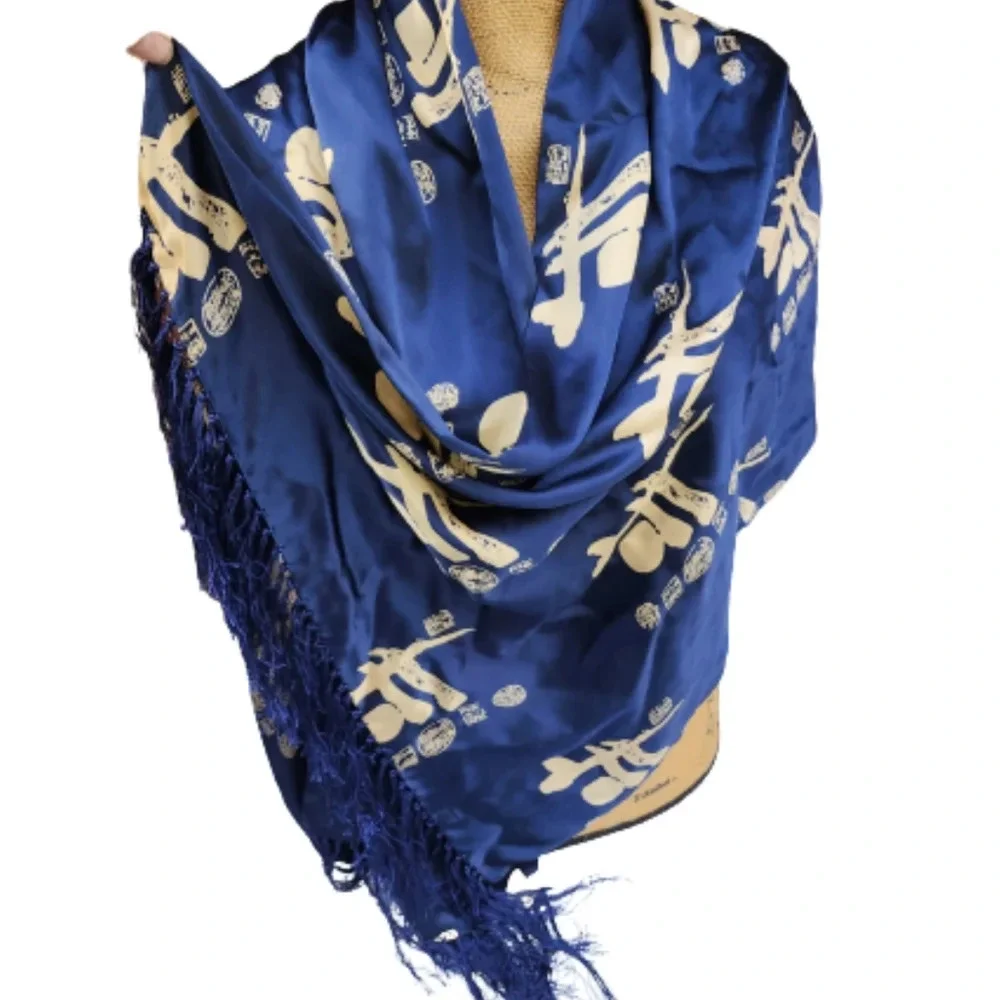 Vintage Asian silk fringed‎ scarf/ shawl